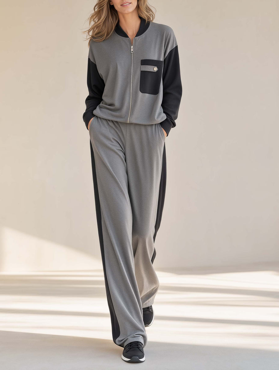 Grey And Black Color-block Long-sleeve Jacket And Wide-leg Trousers Set