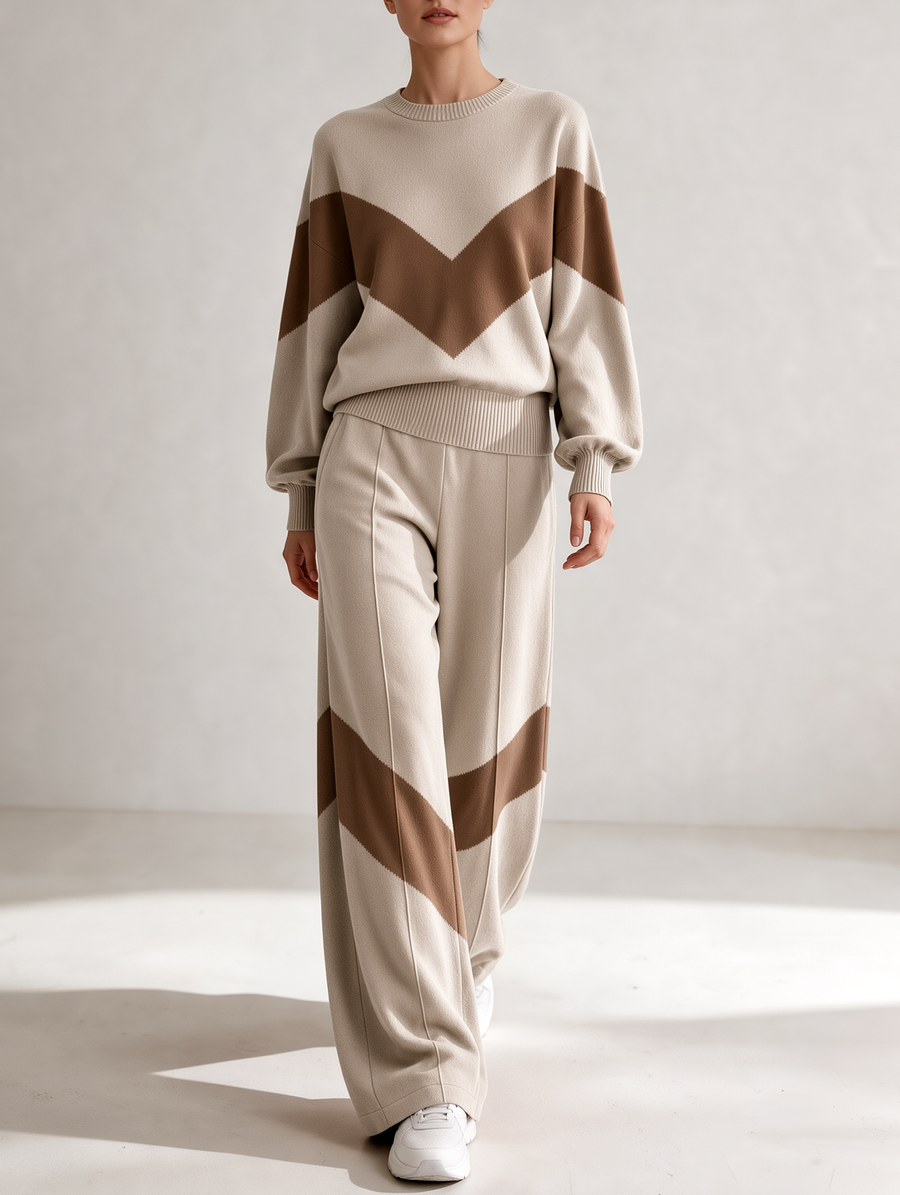 Apricot Color-Block Knit Sweatshirt And Wide-Leg Pants Set