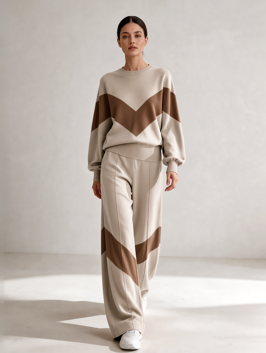 Apricot Color-Block Knit Sweatshirt And Wide-Leg Pants Set