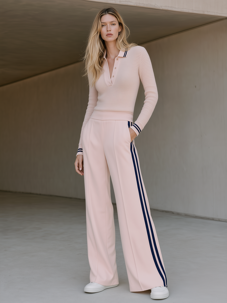 Light Pink Navy Stripe Polo Knit Top Wide Leg Pants Set