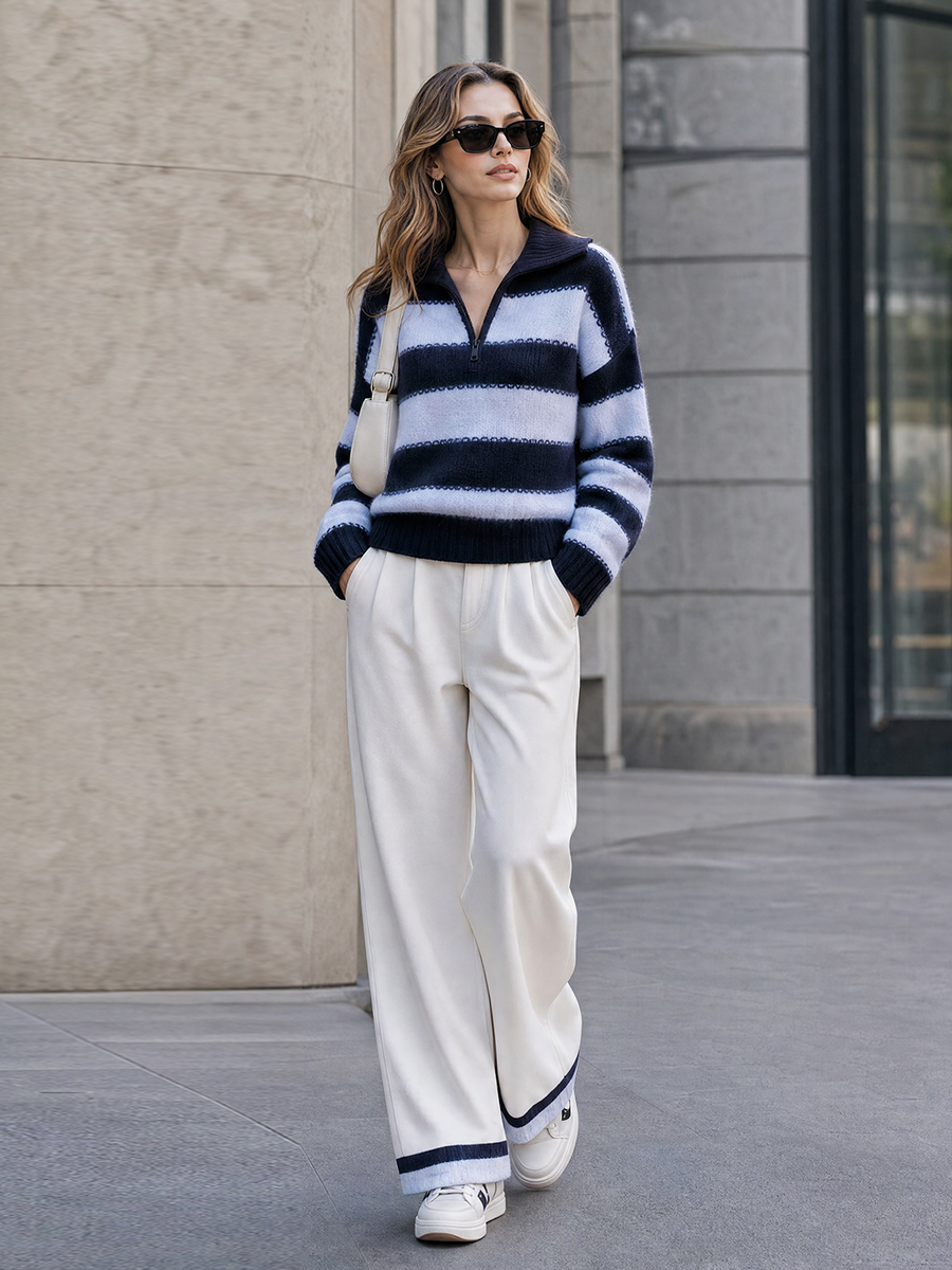 Navy And Light Blue Color-block Striped Collared Sweater Paired With Off-white Wide-leg Trousers