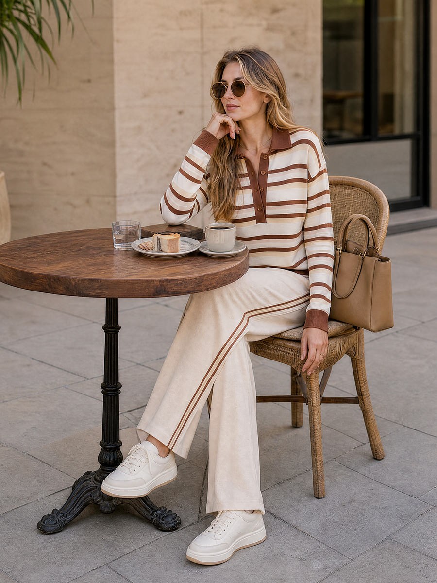 Brown & Beige Striped Polo Knit Top Cream Side Stripe Wide Leg Pants Set