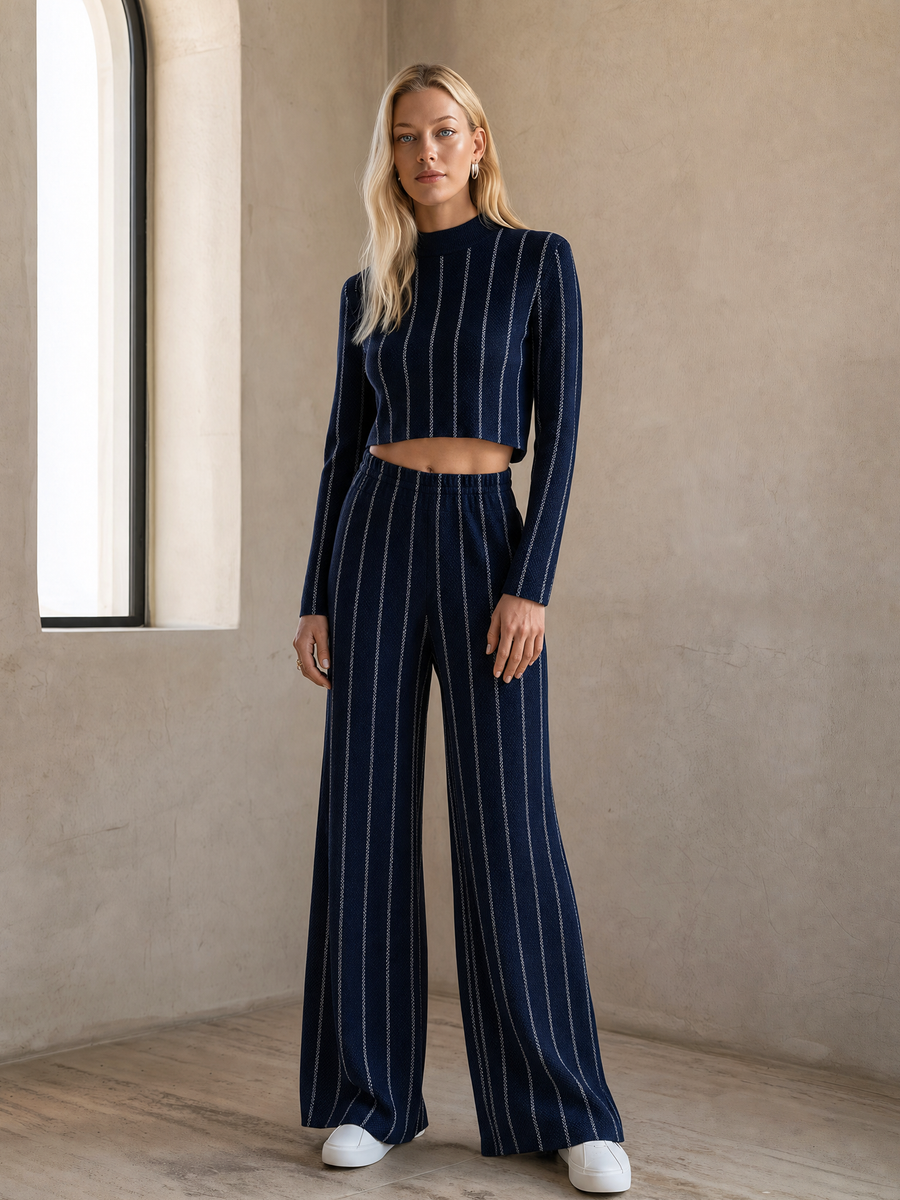 Striped Knit Crop Top and Wide Leg Pants Two-Piece Set