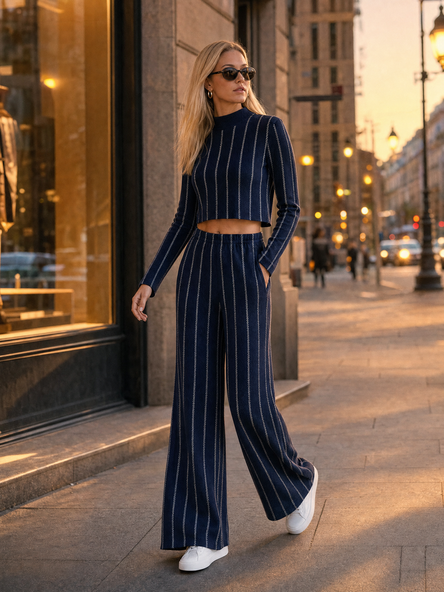 Striped Knit Crop Top and Wide Leg Pants Two-Piece Set