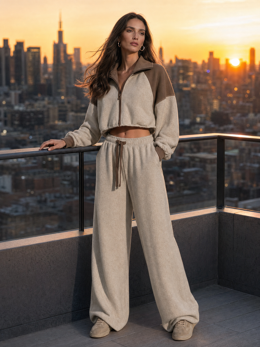 Retro Color-Block Half-Zip Sweatshirt And Wide-Leg Pants Set