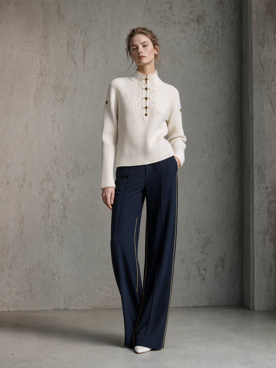 Ivory Frog-Button Knit Sweater & Navy Wide-Leg Trousers Set