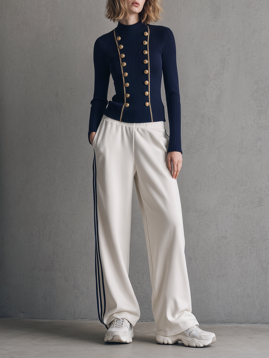Navy Gold-Button Ribbed Knit Top & Ivory Side-Stripe Wide-Leg Pants Set