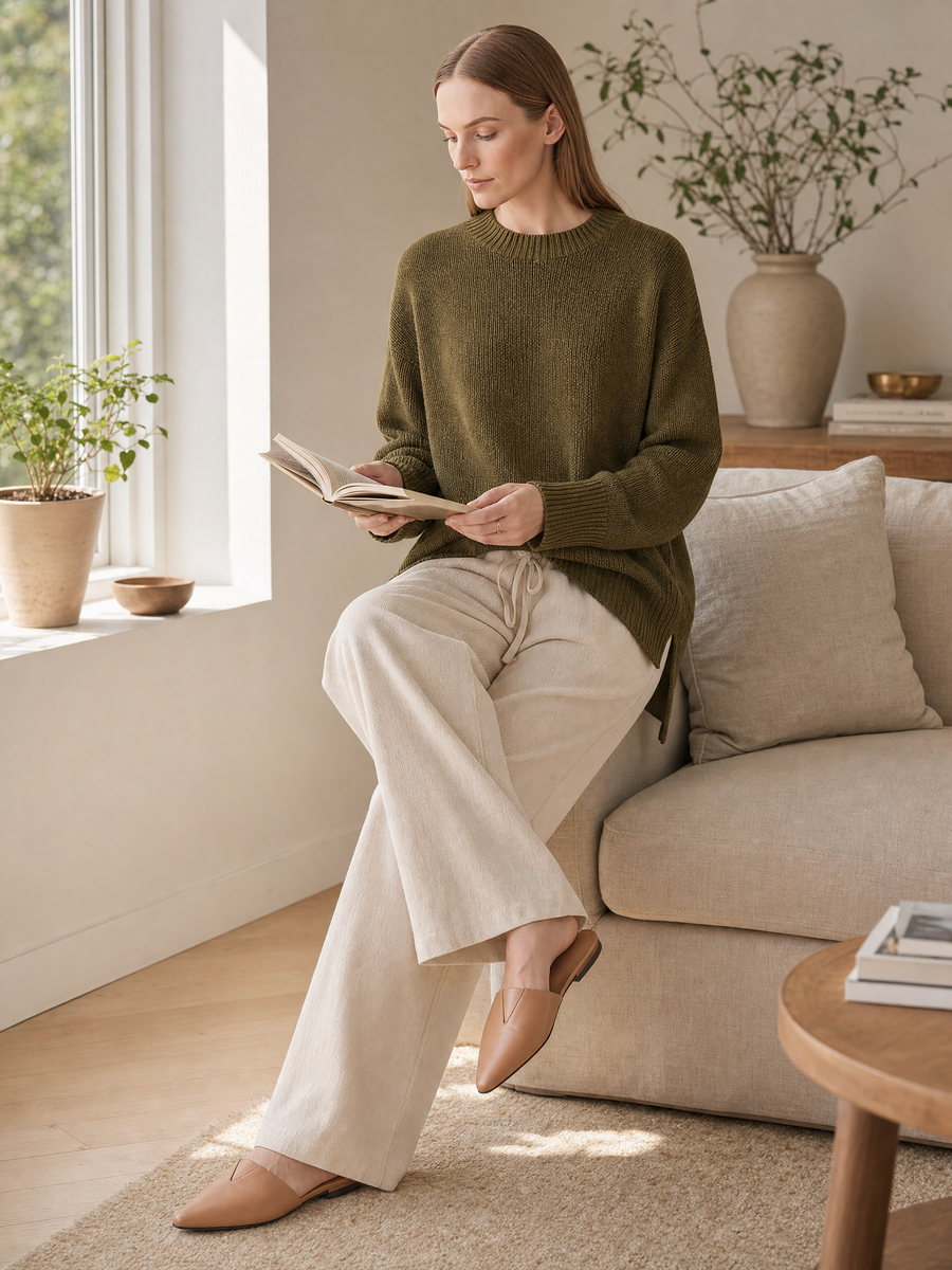 Olive Green Knitted Side-slit Sweater And Wide-leg Trousers Set