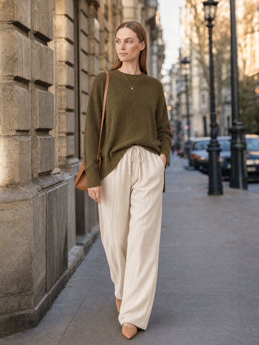Olive Green Knitted Side-slit Sweater And Wide-leg Trousers Set