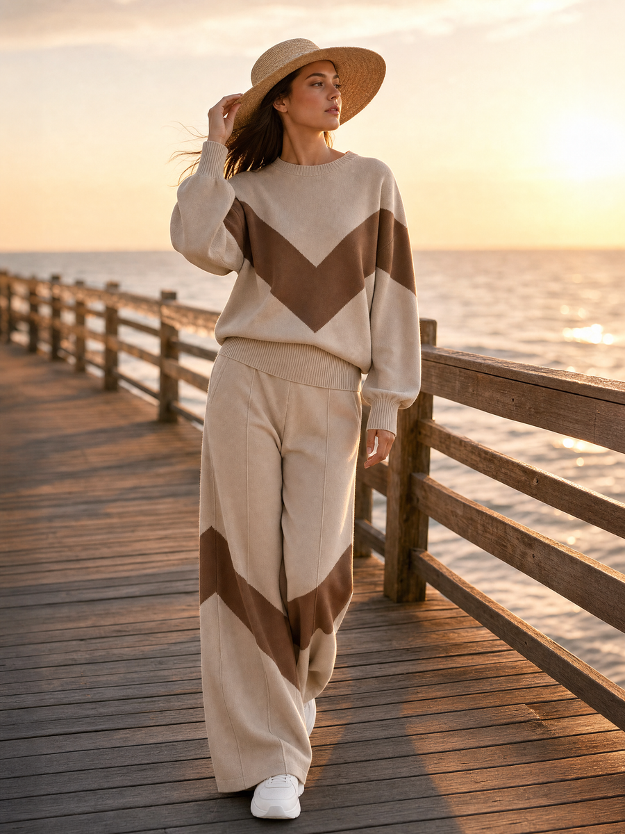 Apricot Color-Block Knit Sweatshirt And Wide-Leg Pants Set