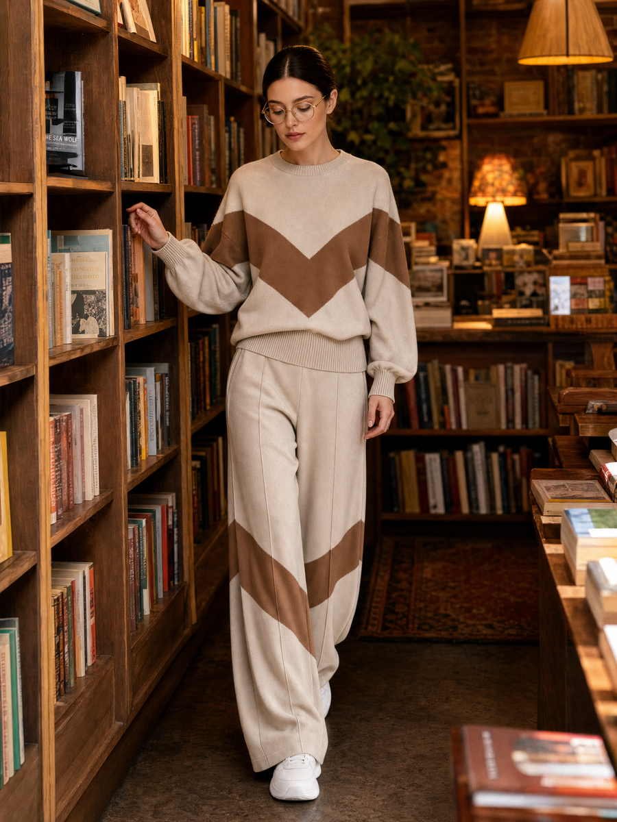 Apricot Color-Block Knit Sweatshirt And Wide-Leg Pants Set