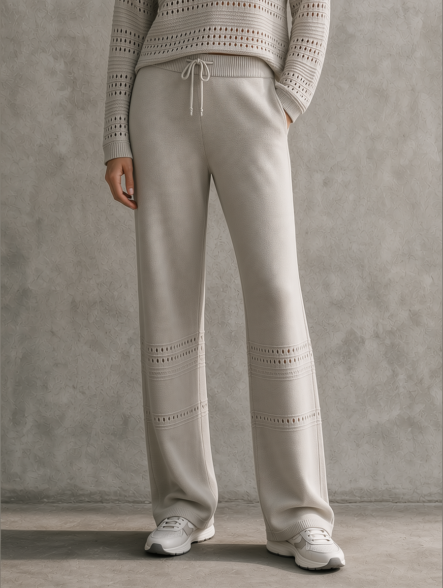 Oatmeal Pointelle Knit Wide-Leg Drawstring Pants