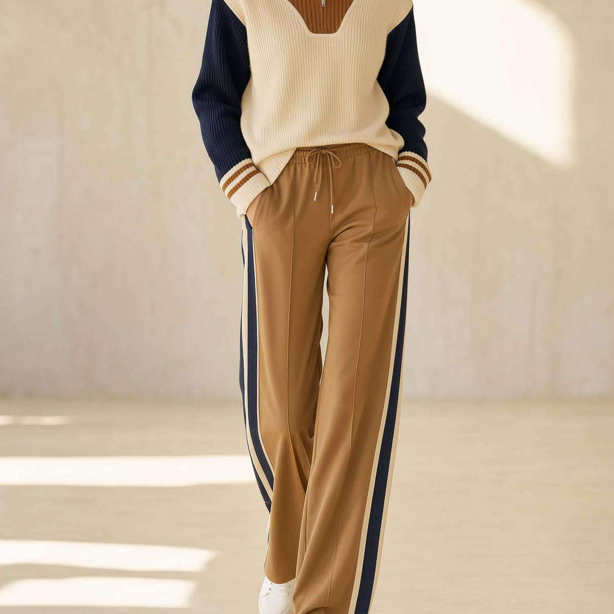 Beige Color-block Long-sleeve Half-zip Sweater And Khaki Trousers Set
