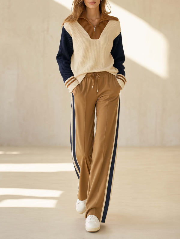 Beige Color-block Long-sleeve Half-zip Sweater And Khaki Trousers Set