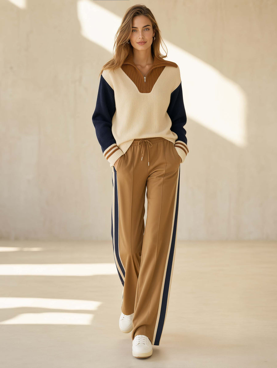 Beige Color-block Long-sleeve Half-zip Sweater And Khaki Trousers Set