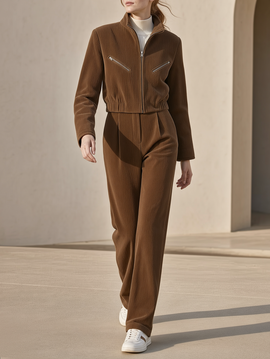 Brown Corduroy Zip-up Jacket And Wide-leg Trousers Set
