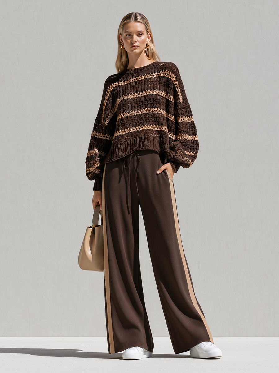 Brown Color-block Cutout Striped Sweater And Side-stripe Wide-leg Pants Set