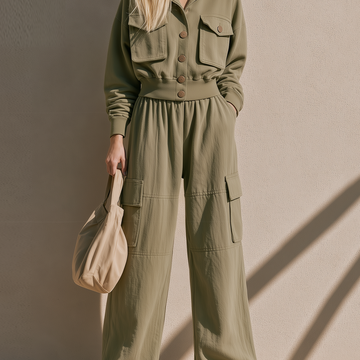 Olive Green Collared Cargo Jacket Multi-Pocket Wide Leg Cargo Pants Set