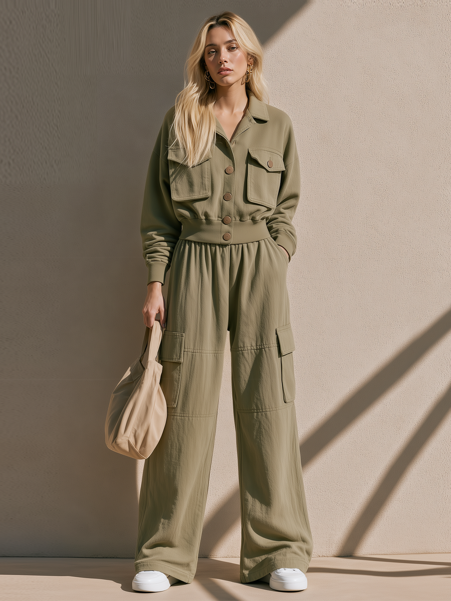 Olive Green Collared Cargo Jacket Multi-Pocket Wide Leg Cargo Pants Set