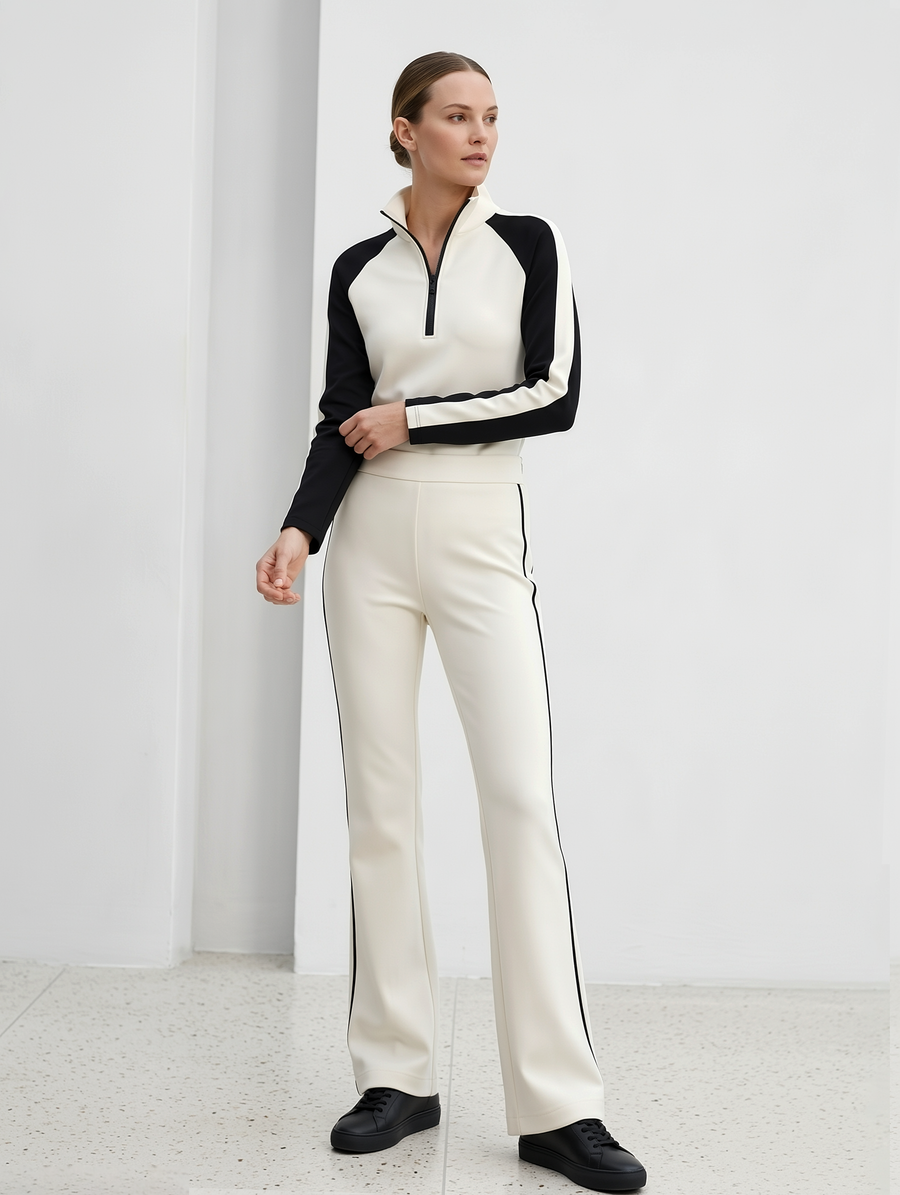 Black And White Color-block Top And Slight-flare Trouser Set