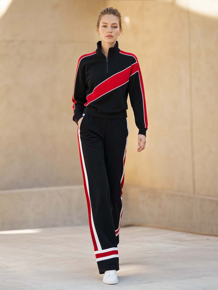 Athleisure-style Black Color-block Long-sleeve Top And Pants Set With A Half-zip Collar