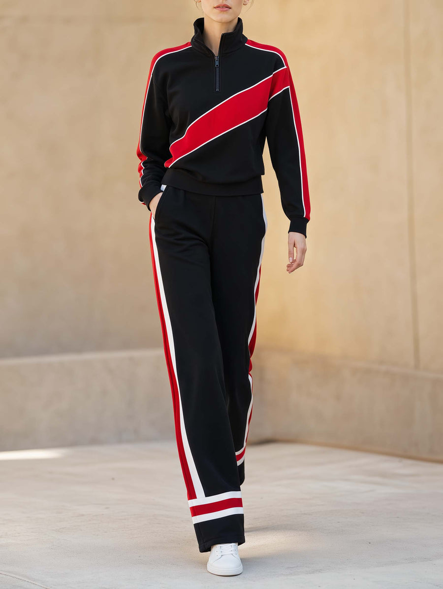 Athleisure-style Black Color-block Long-sleeve Top And Pants Set With A Half-zip Collar