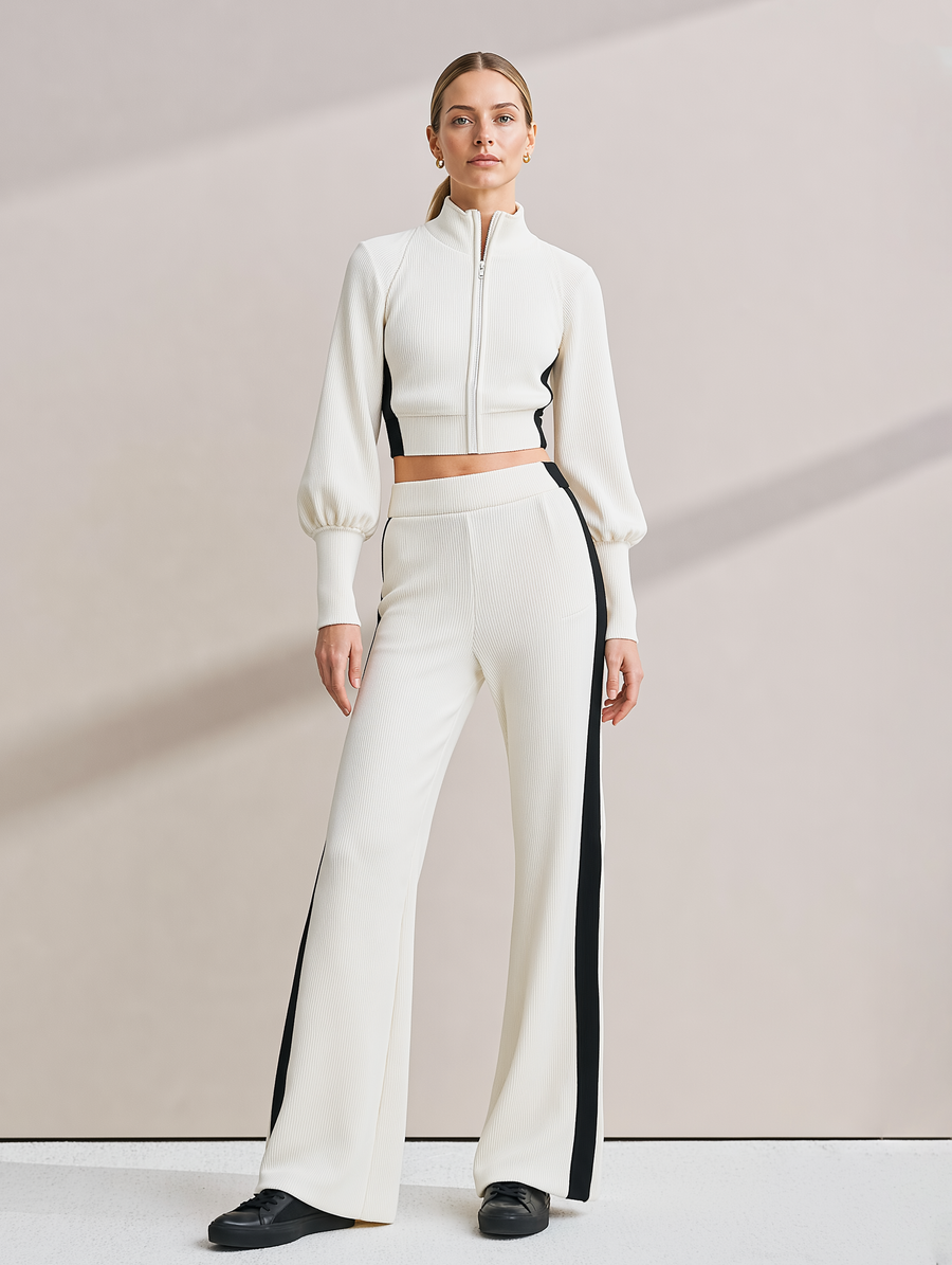Off-white Ribbed Knit Cardigan And Slight-flare Trousers Set