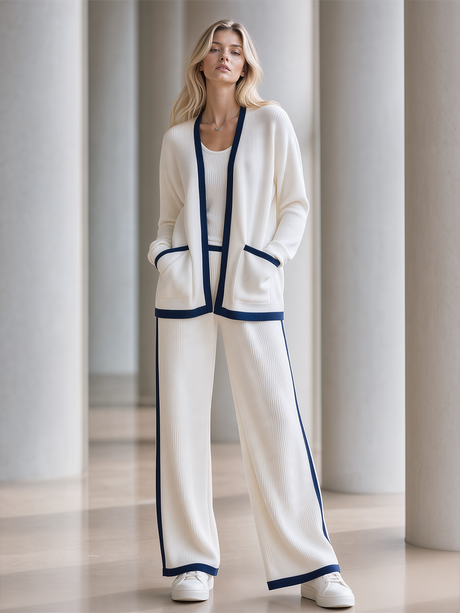 Two-piece Set Featuring A White Color-block Knit Cardigan And Wide-leg Trousers