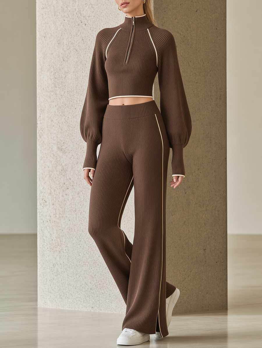 Brown Half-zip Puff-sleeve Sweater And Matching Pants Set