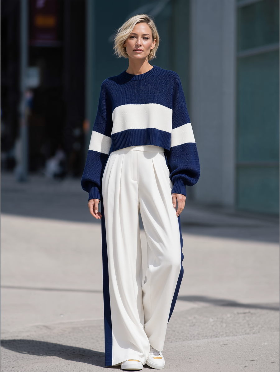 Navy Blue Knitted Sweater And Wide-leg Tailored Trousers Set