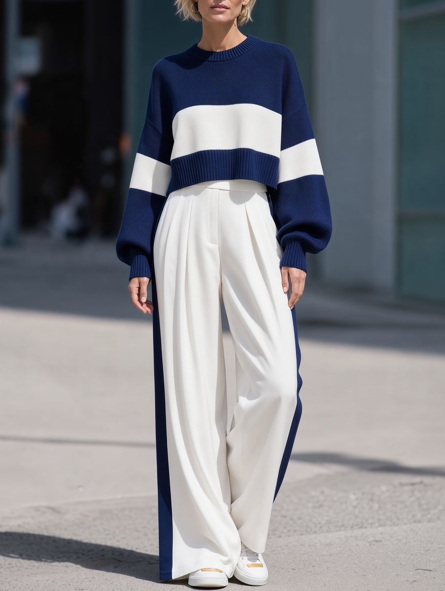 Navy Blue Knitted Sweater And Wide-leg Tailored Trousers Set