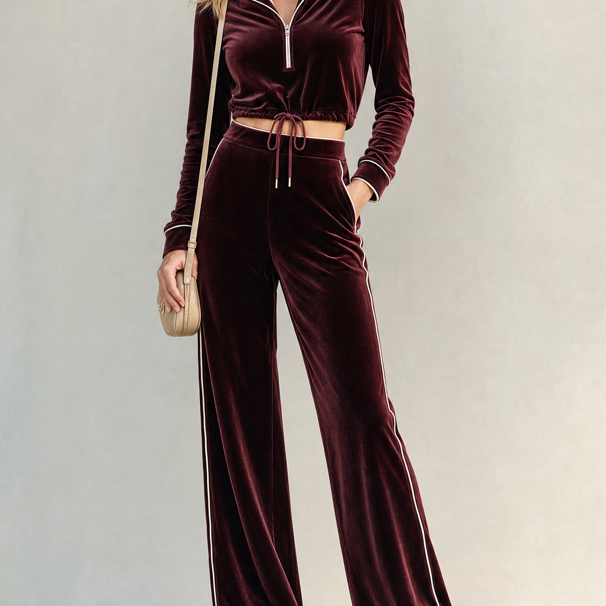 Women's Velvet Contrast Piping Hooded Crop Top and Wide Leg Pants Set