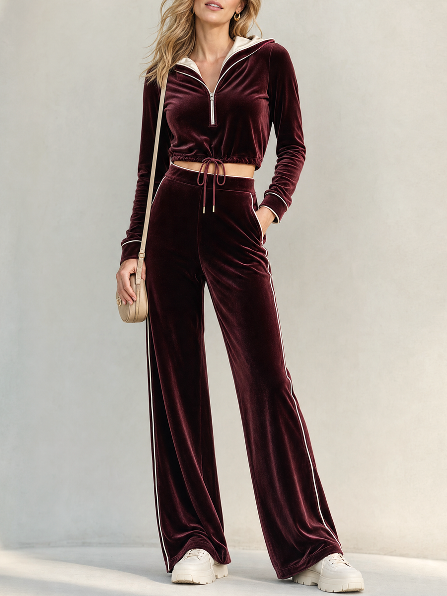 Women's Velvet Contrast Piping Hooded Crop Top and Wide Leg Pants Set