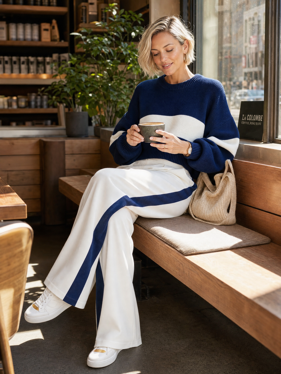 Navy Blue Knitted Sweater And Wide-leg Tailored Trousers Set