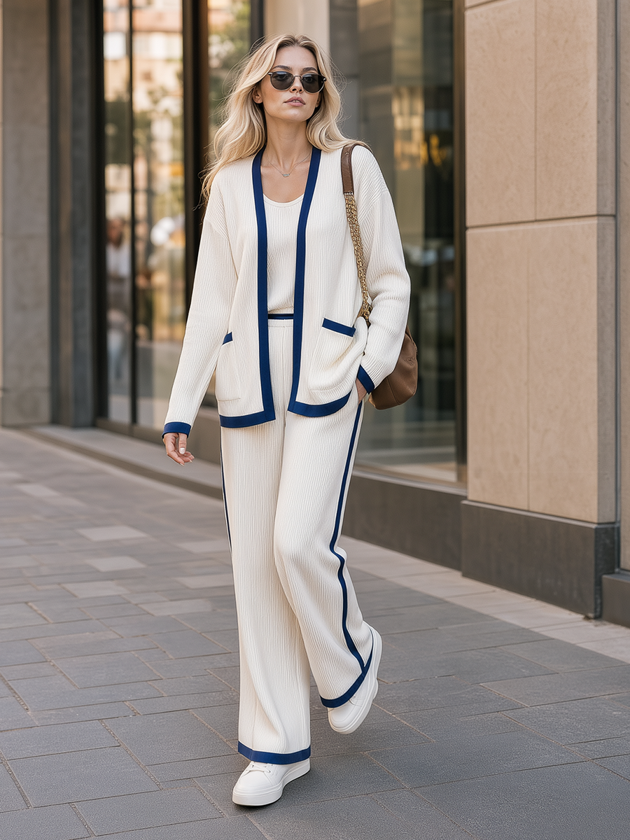 Two-piece Set Featuring A White Color-block Knit Cardigan And Wide-leg Trousers