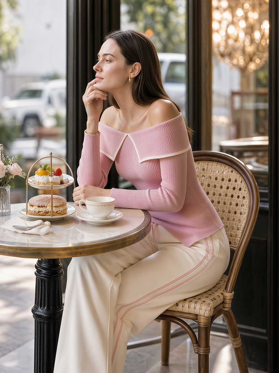 Stylish Pink Color-Block Off-Shoulder Collared Knit Top