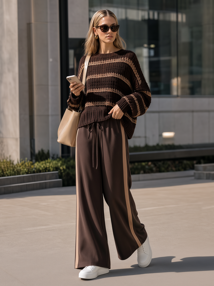 Brown Color-block Cutout Striped Sweater And Side-stripe Wide-leg Pants Set