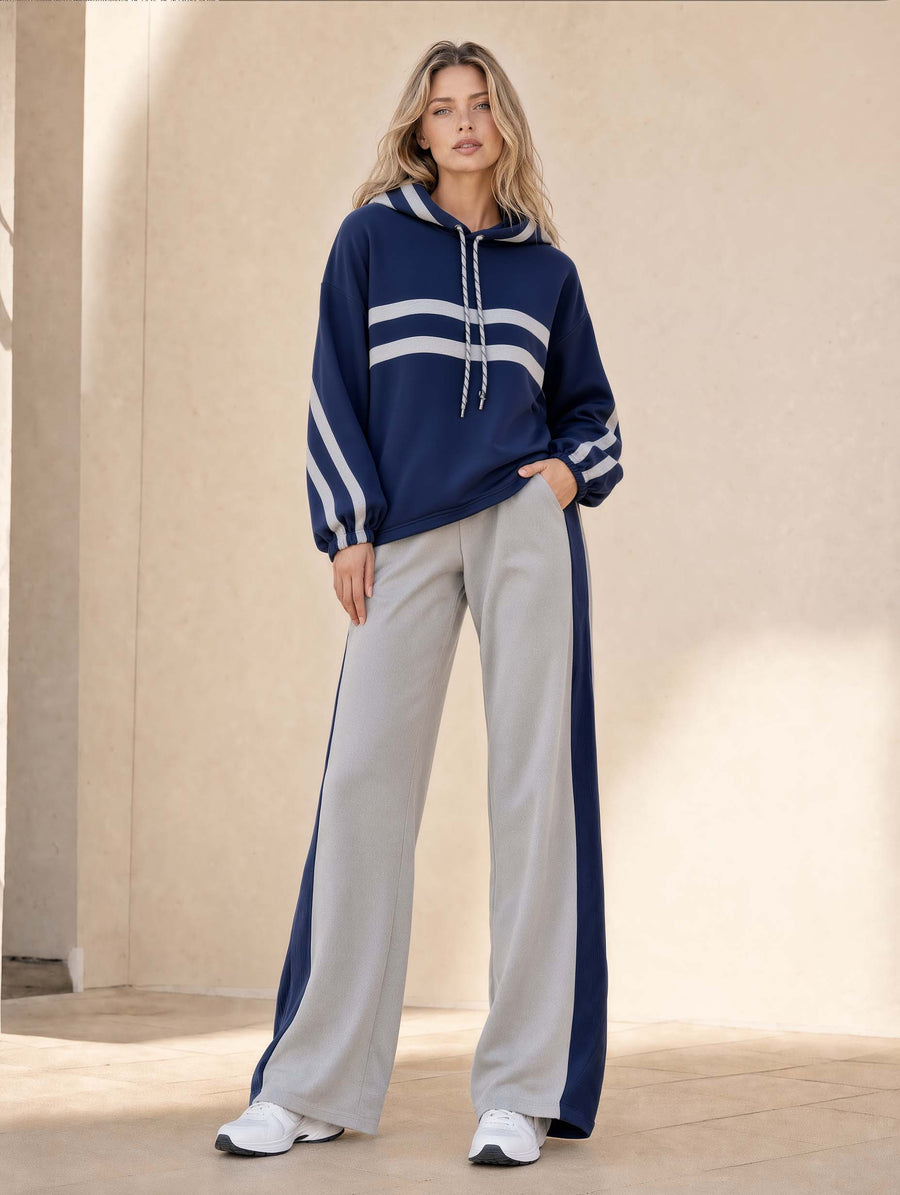 Navy And Grey Long-sleeve Hooded Top And Wide-leg Trousers Set