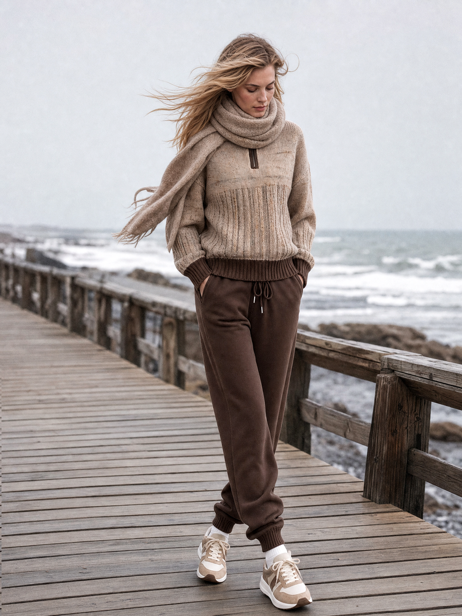 Khaki-brown Color-block Sweater And Cuffed Casual Pants Set
