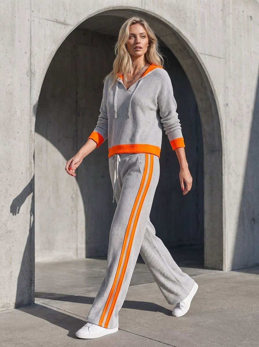 Grey & Neon Orange Color-Block Hoodie & Wide-Leg Pants Set