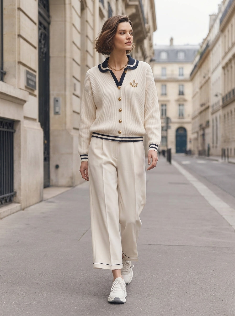 Nautical Polo-Collar Gold-Button Cardigan & Wide-Leg Trousers Set