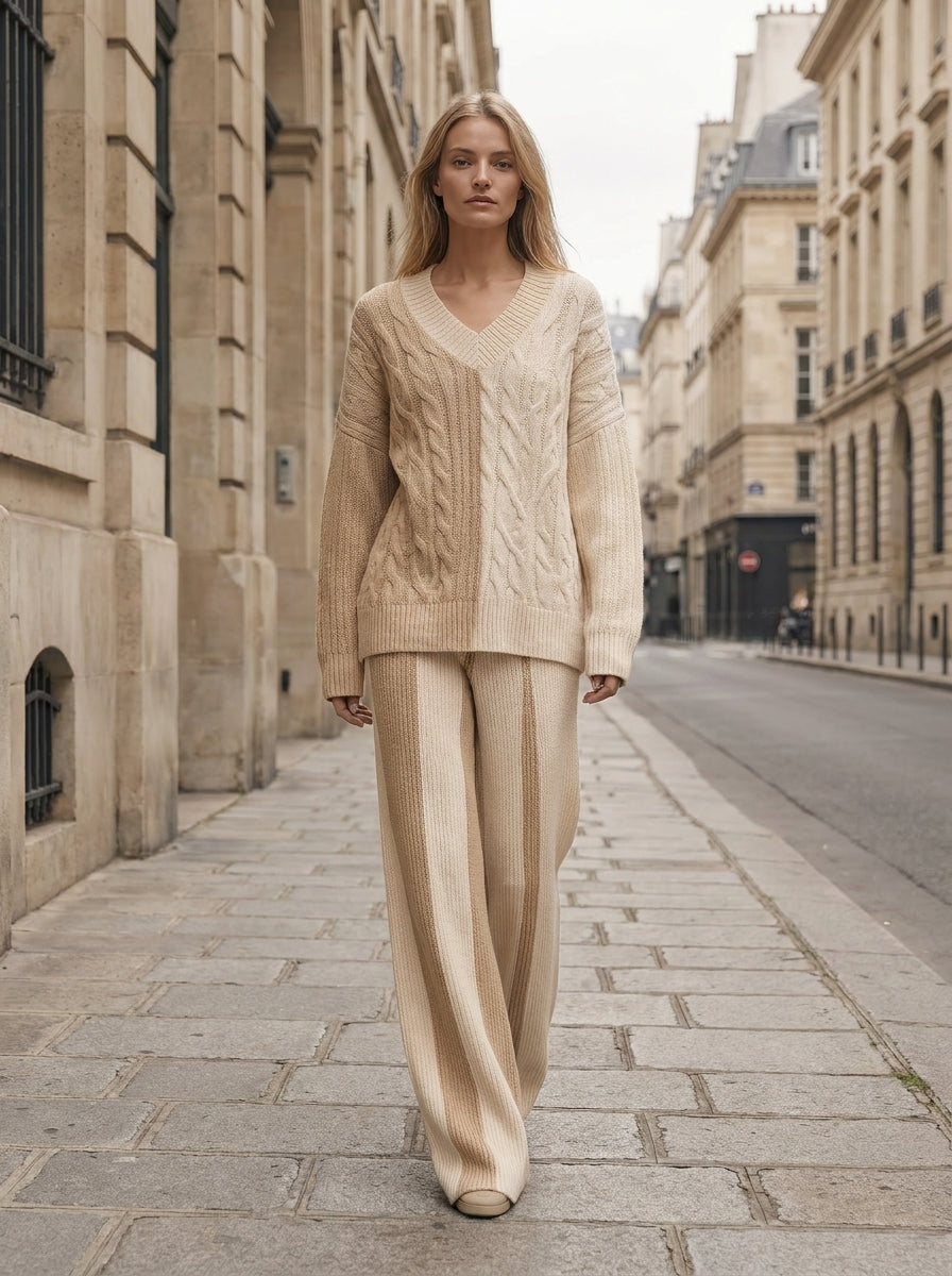 Cream Color-Block V-Neck Cable Knit Sweater & Wide-Leg Pants Set