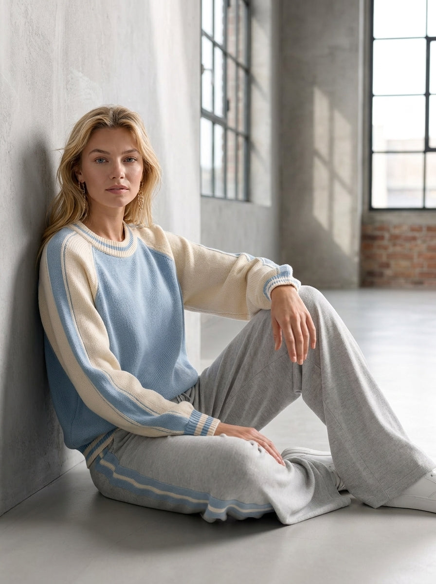 Powder Blue Color-Block Raglan Knit Top & Grey Wide-Leg Pants Set