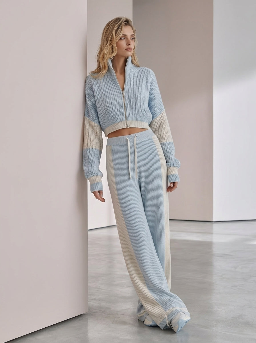 Light Blue Half-Zip Cropped Knit Cardigan & Wide-Leg Pants Set