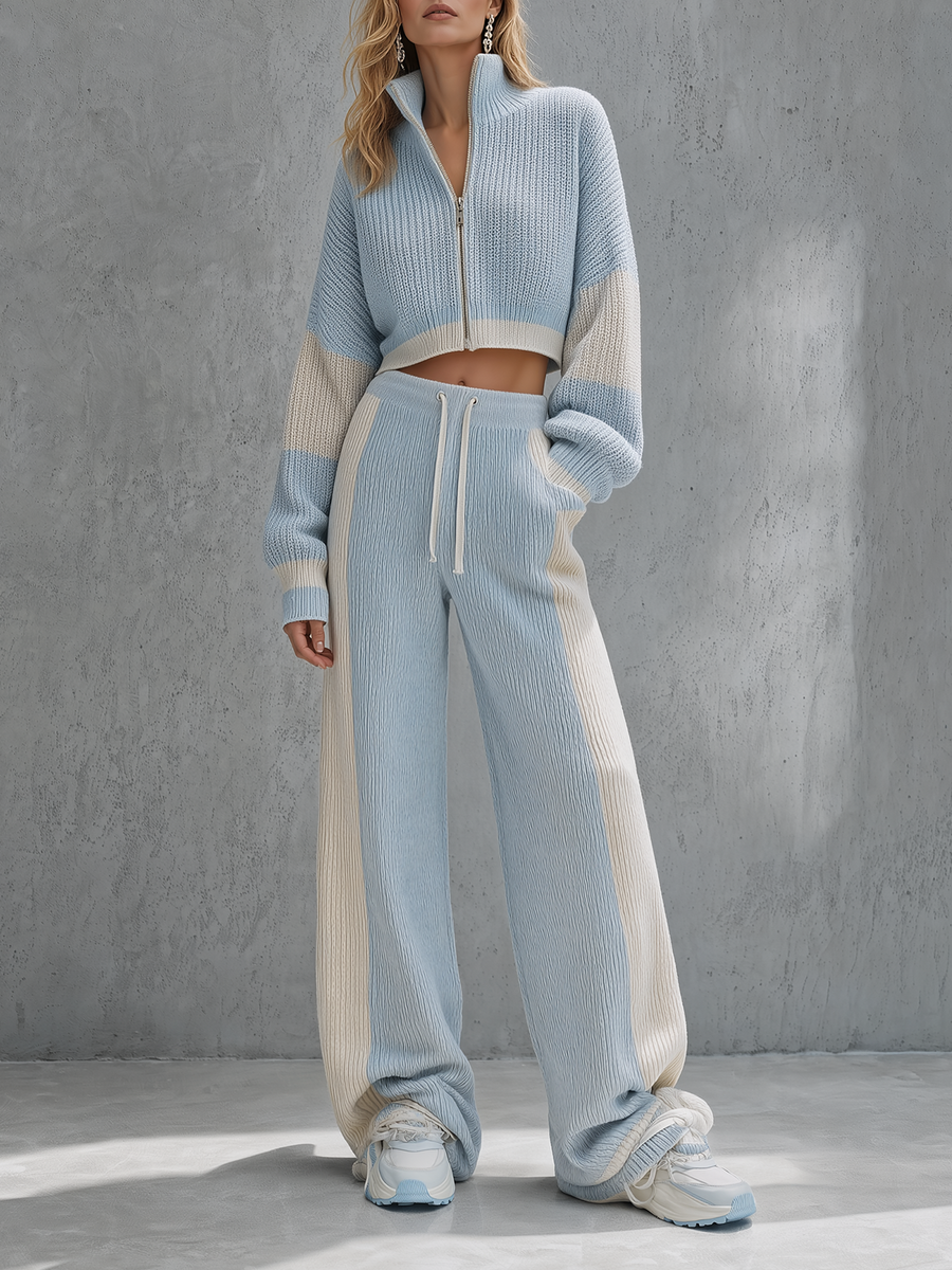 Light Blue Half-Zip Cropped Knit Cardigan & Wide-Leg Pants Set
