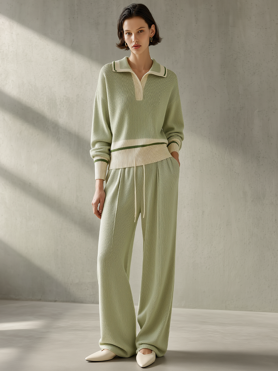 Sage Green Ribbed Polo Knit Top & Wide-Leg Pants Set