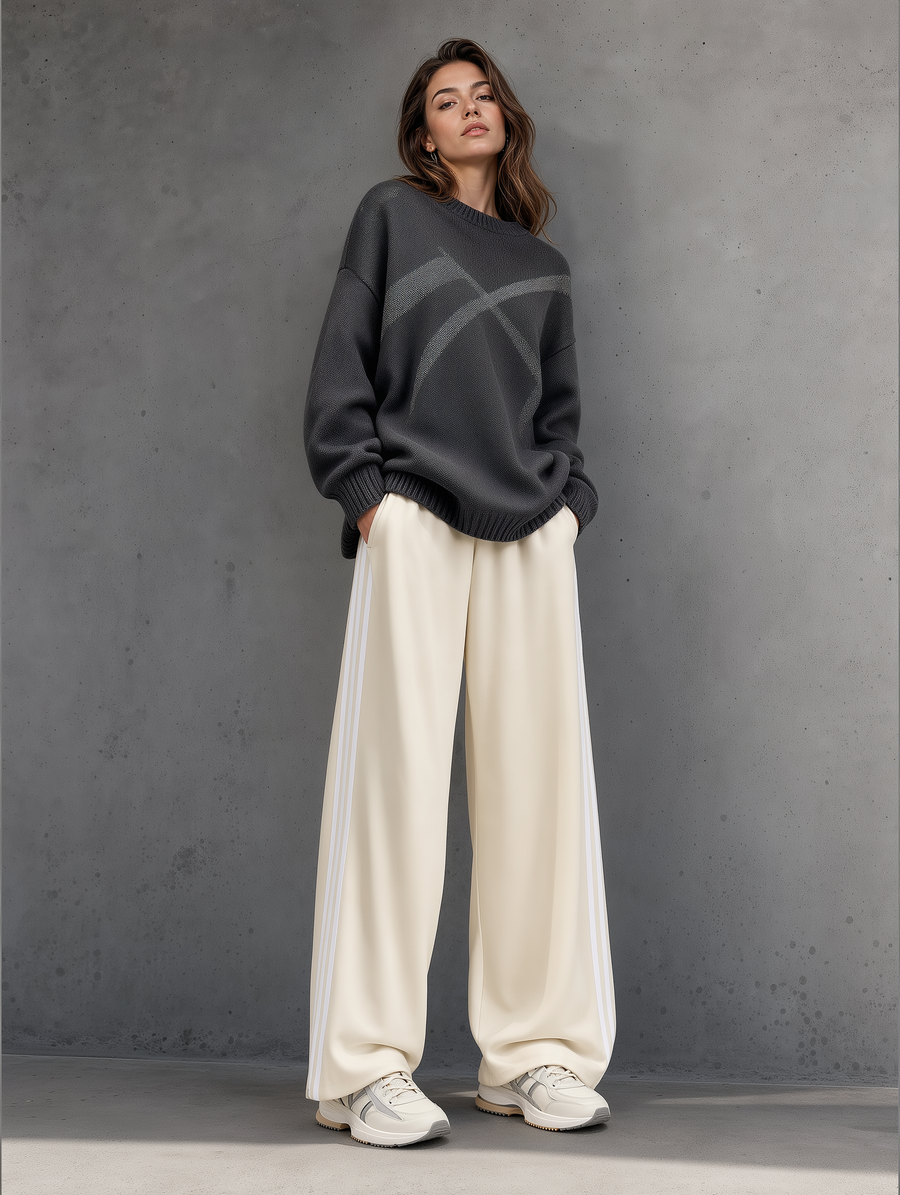 Charcoal Oversized Sweater & Cream Stripe Wide-Leg Pants Set