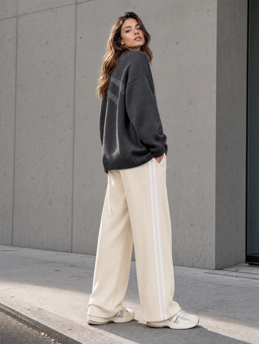 Charcoal Oversized Sweater & Cream Stripe Wide-Leg Pants Set