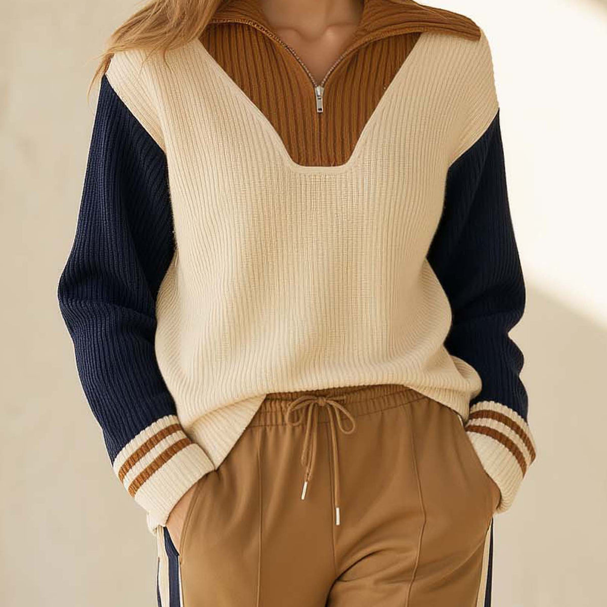 Stylish Casual Long-sleeve Sweater In A Color-blocked Design Of Off-white And Navy Blue