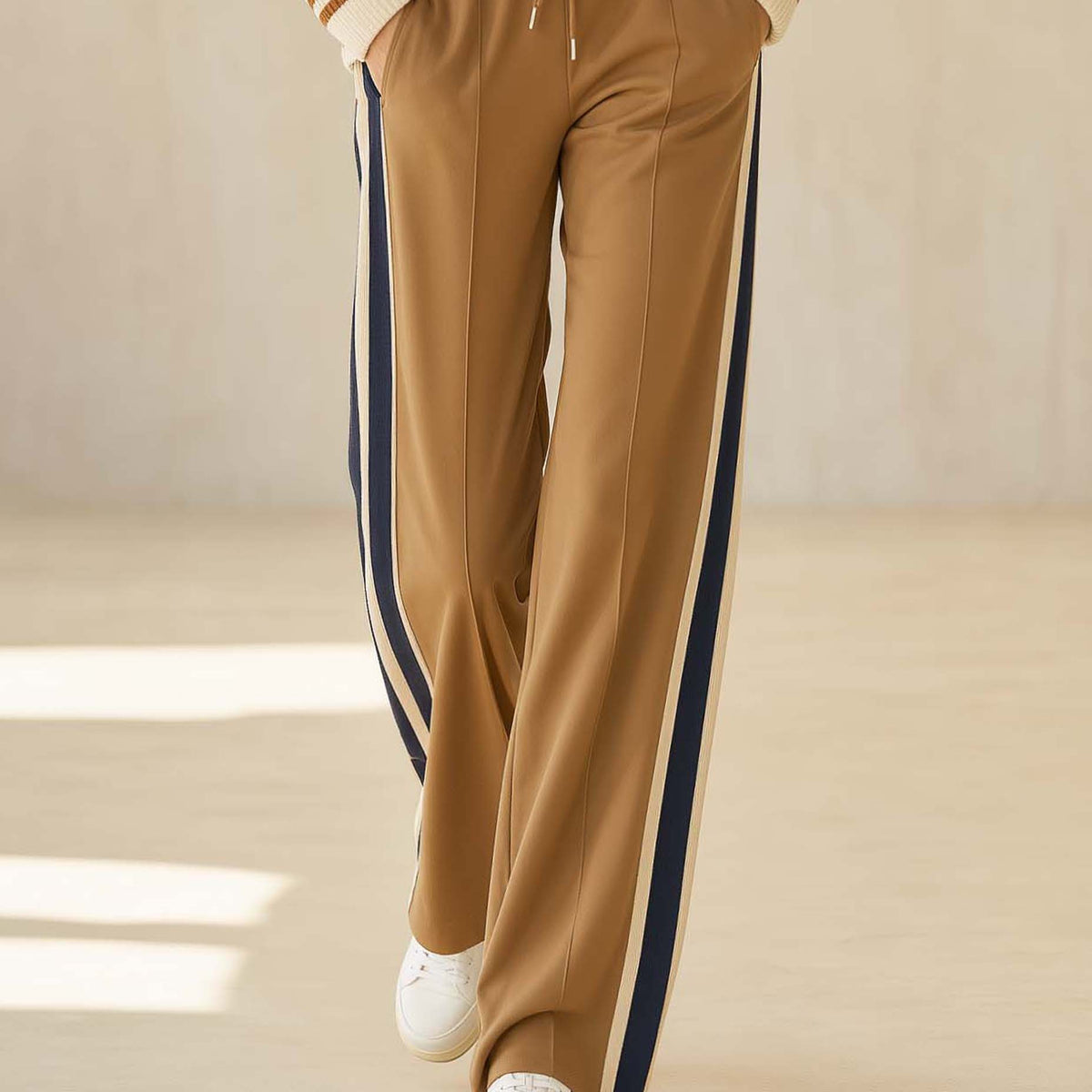 Stylish Khaki Color-Block Wide-Leg Trousers with Side Stripes